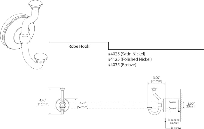 Gatco 4025 Tavern Robe Hook, Satin Nickel / 4.40" H Robe Hook, Towel Hook for Bathroom