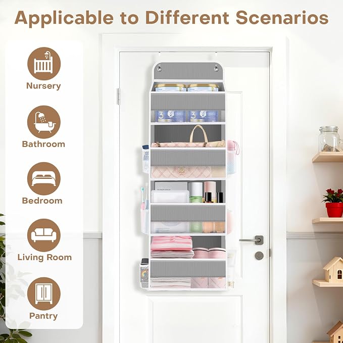 SpaceWhisper Over the Door Organizer, 4 Large Pocket Hanging Storage Organizer with 40lb Capacity, Space Saving for Nursery, Bathroom, Bedroom, Closet - Baby Essentials & Toiletry Organizer (Grey)