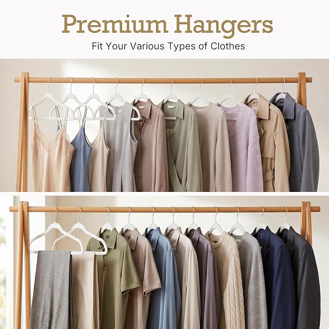 HOUSE DAY White Velvet Hangers 40 Pack, Non Slip Clothes Felt Hanger Heavy Duty for Coat, Premium Slim Space Saving Suit Hangers for Closet Organizer, 360° Rotating Silver Hook