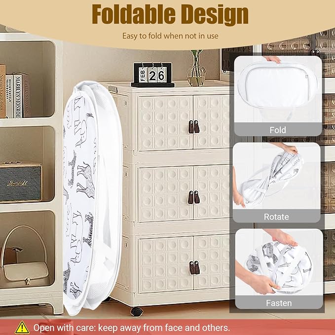 Collapsible Toy Box with Zipper Lid- Stuffed Animal Storage Basket White | Sturdy Foldable Toy Basket, Lightweight, Easy-Carry Handles, Space-Saving, Animal Print, for Kids Room, Playroom, Bedroom
