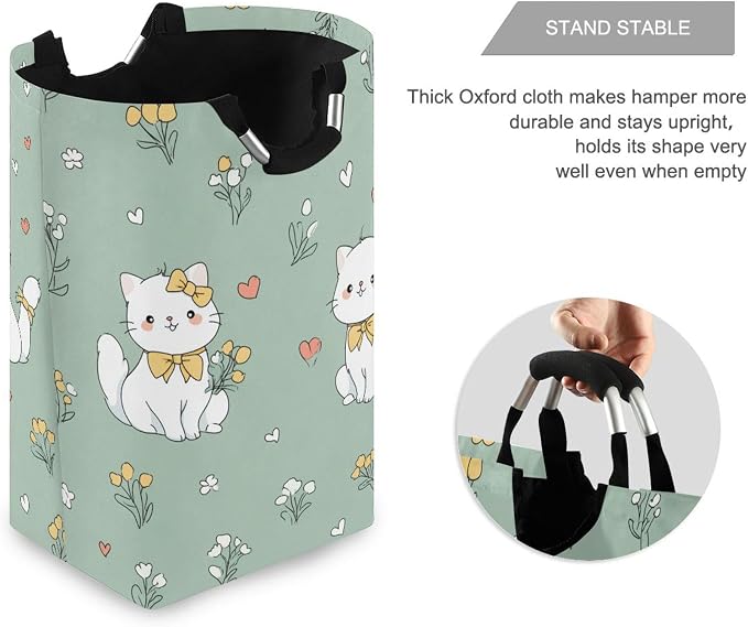 Cute White Cat with Yellow Flowers Large Laundry Hamper Basket, Collapsible Laundry Bag Storage Bins Baskets with Handles for Laundry, Bedroom, Home Decor