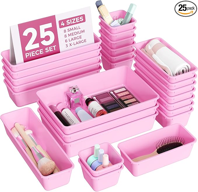 BiuLeon 25 PCS Plastic Drawer Organizers Set, 4-Sizes Vanity and Makeup Organizer, Desk and bathroom Drawer Organizer Trays, Organizers and Storage for Makeup, Jewelry, Gadgets, Utensils(Light Purple)