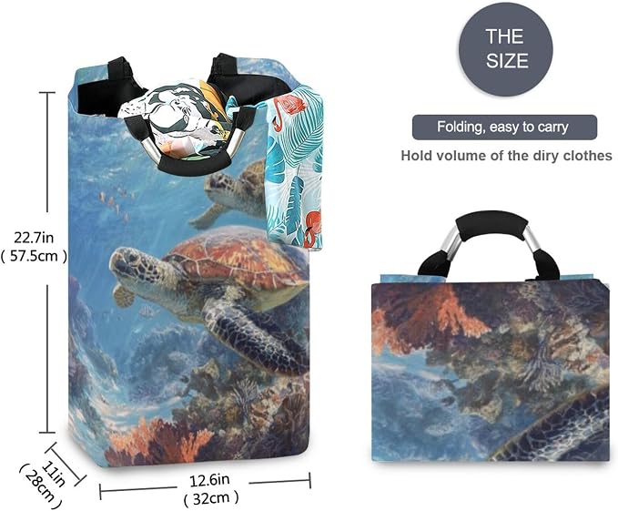 Sea Turtles Swimming in Vibrant Coral Reef Large Laundry Hamper Basket, Collapsible Laundry Bag Storage Bins Baskets with Handles for Laundry, Bedroom, Home Decor