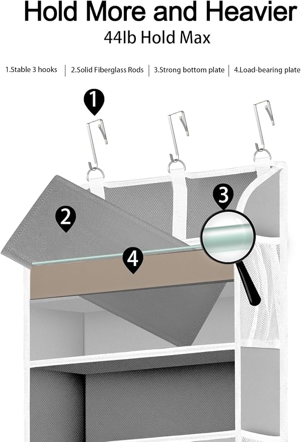 TAHAVICE 1 Pack Over The Door Storage Organizer with 5 Large Pockets | 44 lbs Weight Capacity Door Hanging Organizers with 10 Mesh Pockets for Bedroom,Bathroom,Nursery,Kidroom(Light Gray)