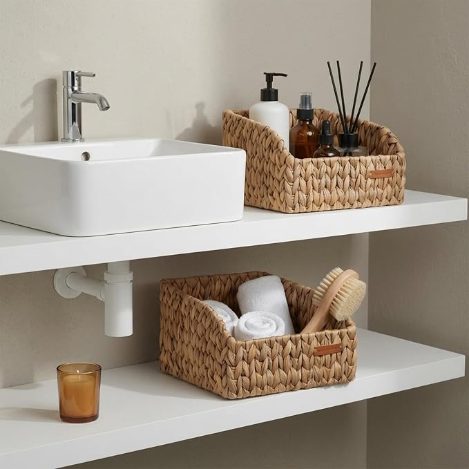 Water Hyacinth Wicker Baskets for Storage, Handwoven Rattan Shelf Basket with Open Front for Organizing Pantry Closet Wardrobe, 100% Natural Decorative Woven Organizer Bin for Cabinet, 2 Pack