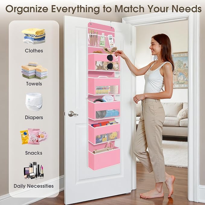 SpaceHacks 6-Tier Over The Door Organizer Hanging Storage Organizers with Clear Window 40lb Large Capacity Room Organizer for Pantry Bathroom Nursery Closet(Pink)