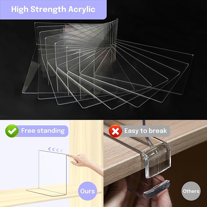OKPOW Acrylic Shelf Dividers for Closet Organization: 10" Tall X 8.46" Deep Durable 8 Pack Clear Shelves Separators for Clothing Adjustable Purse Organizer