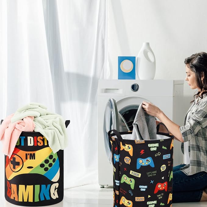 Zhehao 2 Pcs Gamer Laundry Basket Boys Kids Laundry Hamper Gamer Room Decor Gaming Storage Basket Hamper Clothes Organizer Nursery Toy Storage Bin for Gifts Bedroom Bathroom Decoration(Classic)