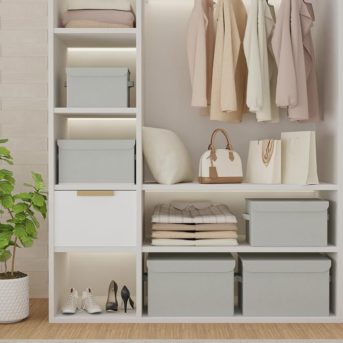 Storage Bins with Lids for Organizing, 4 Pack, Grey, 15x9.8x9.8 In | Closet Boxes with 2 Carrying Handles and Sturdy Heavy PP-board, Home Organizers Cubes for Clothes, Towels, Blanket