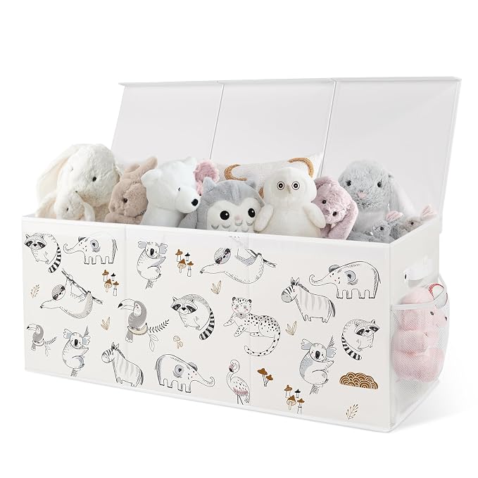 Extra Large Collapsible Toy Box with Lids, Sturdy Storage Organizer for Kids, 38"x16"x13" Toy Chest for Playroom, Nursery, Bedroom, Living Room (Animal Sketches)