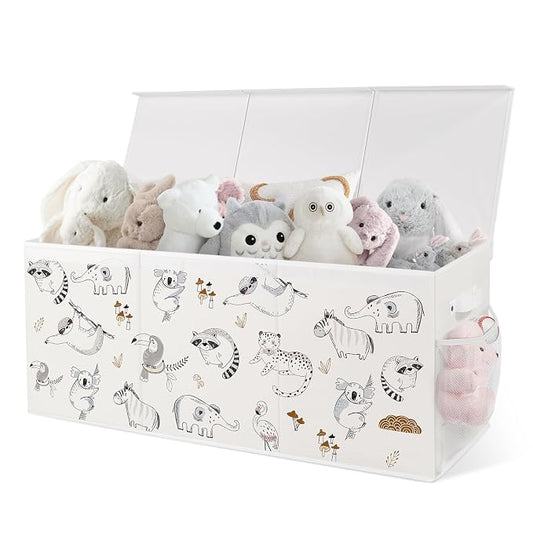 Extra Large Collapsible Toy Box with Lids, Sturdy Storage Organizer for Kids, 38"x16"x13" Toy Chest for Playroom, Nursery, Bedroom, Living Room (Animal Sketches)
