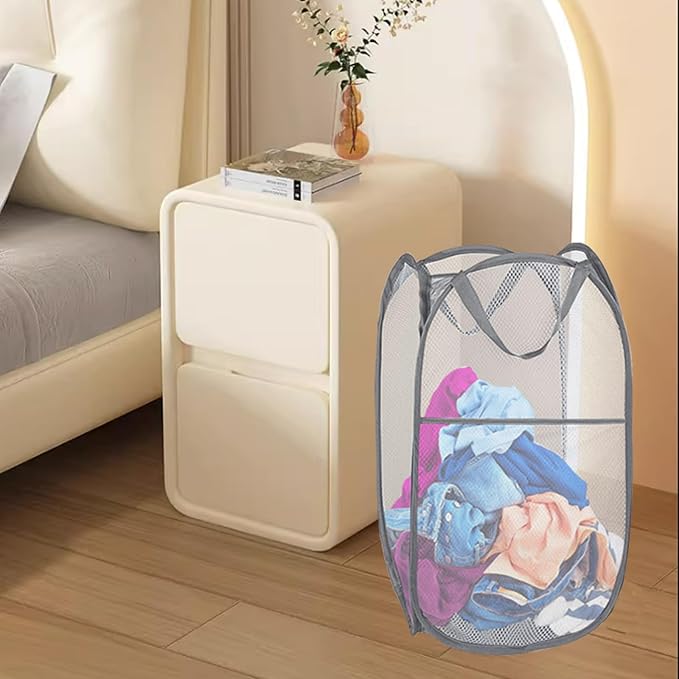 2 Pack Pop Up Laundry Hamper, Collapsible Laundry Baskets, Foldable Mesh Laundry Baskets Storage Bins Large Top Opening for Bedroom, College Dorm, Travel (Grey)