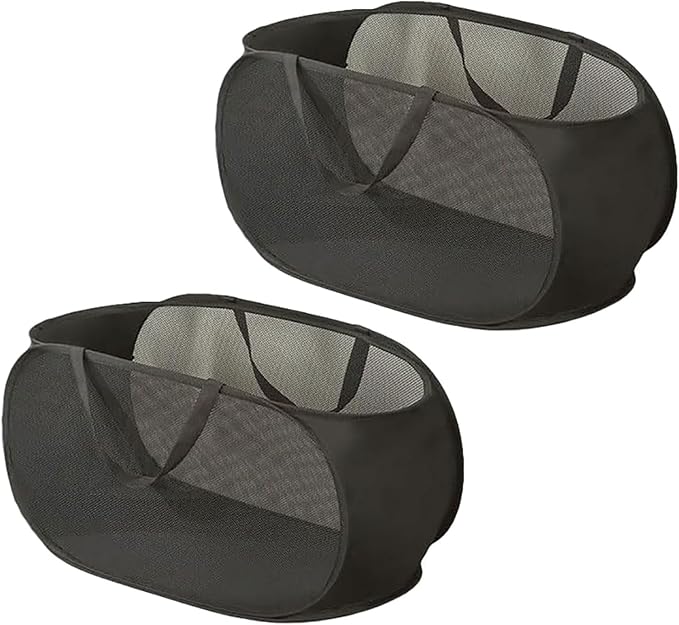 2 Piece Popup Mesh Laundry Basket Durable Handles Collapsible Laundry Baskets Folding Clothes Pastic Hamper for Laundry Room College Dorm (2 x Black)