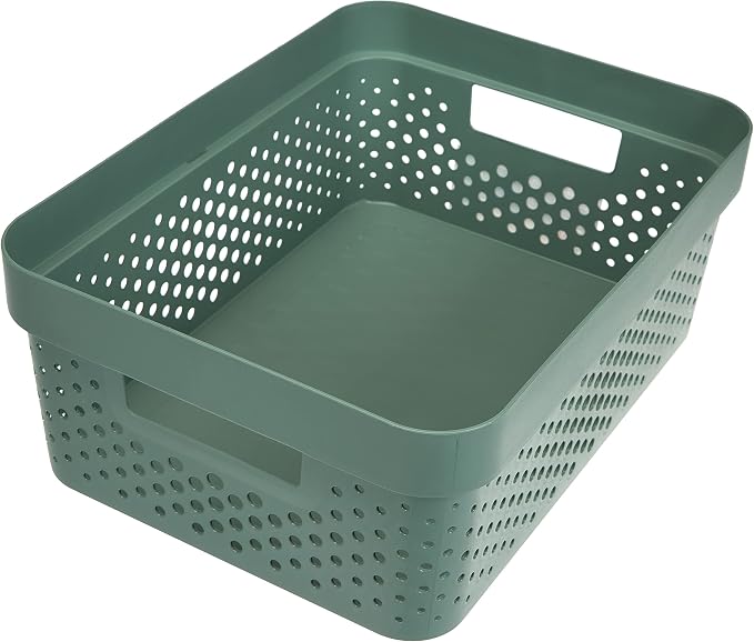 CURVER Infinity 11L 100% Recycled Storage Basket - Multi-Use, Stackable and Nesting - 35.5 x 26.7 x 13.7 cm - Green