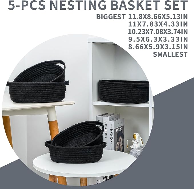 CubesLand Small Storage Basket Cotton Rope Organizer Baskets for Shelves | Set of 5 Decorative Closet Storage Bins with Handle for Countertop, Toilet Paper Basket for Toilet Tank Top, Black Basket