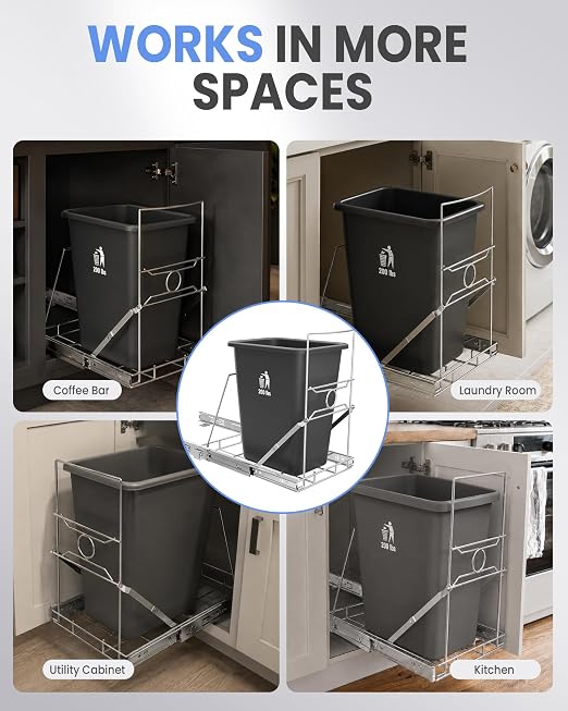 Pull Out Trash Can Cabinet Organizer, Stainless Steel Trash Can Slider for Kitchen Cabinet, Under Sink Slide Out Trash Can Rack for 7-11 Gallon Bins, Silver, Bin Not Included