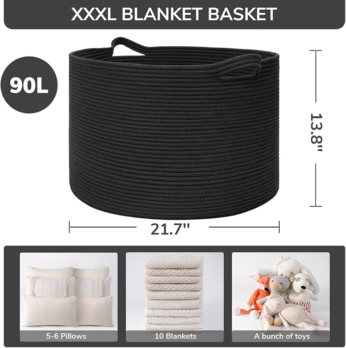 INDRESSME XXXLarge Blanket Basket 21.7" x 21.7" x 13.8" Woven Storage Baskets Soft Cotton Rope Toy Baskets Storage Kids Decorative Laundry for Home, Perfect for Living Room, Black