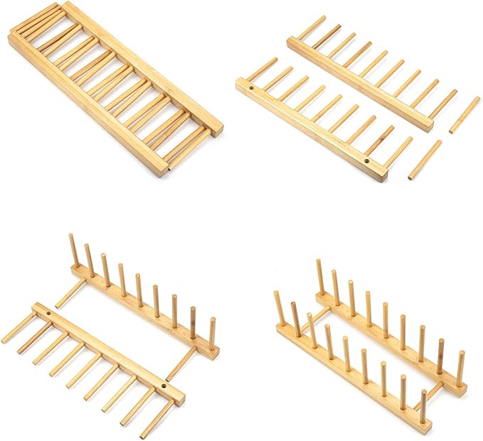 Lawei 4 Pack Bamboo Dish Drying Rack, Plate Rack Stand Pot Lid Holder, Dish Organizer Racks for Plates, Cups, Bowls, Cutting Board, Drying Rack Stand Drainer, Kitchen Cabinet Organizer