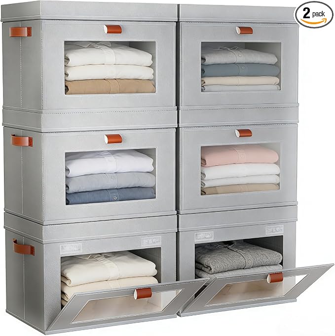 6-Pack Large Storage Bins with Lids,Stackable&Collapsible Closet Storage Bins,Oxford Fabric Organizer Box with Clear Window,Large Decorative Storage Boxes for Closet,Dorm16.5"x11.8"x11"