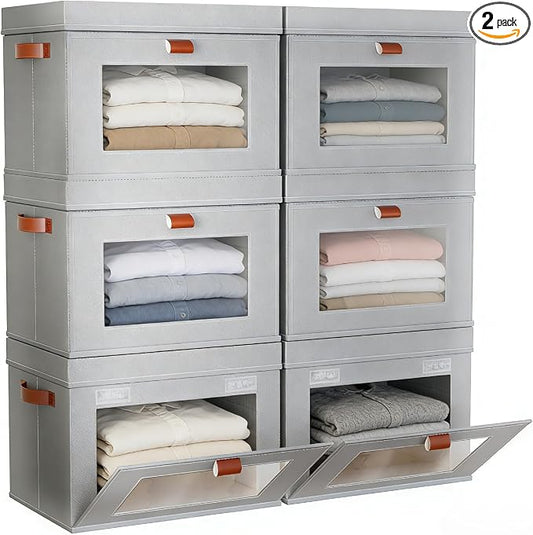6-Pack Large Storage Bins with Lids,Stackable&Collapsible Closet Storage Bins,Oxford Fabric Organizer Box with Clear Window,Large Decorative Storage Boxes for Closet,Dorm16.5"x11.8"x11"