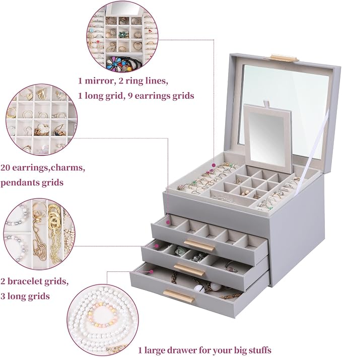 BOOVO Clear Lid Jewelry Box,3 Layers Jewelry Organizer Large Jewelry Storage Box with 2 Drawers,Jewelry Holder Organzier of Rings Earrings Necklace Bracelets for Women (Grey, 4 Layer)