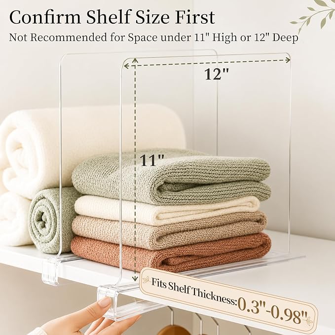 SortNStore Shelf Dividers Purse Organizer for Closet: 11-inch Tall(Extra Tall) Acrylic Sweater Organizer - Upgraded Extra Height for Large Handbags, Totes, Clothes, Towels on Wood Shelves 6-Pack