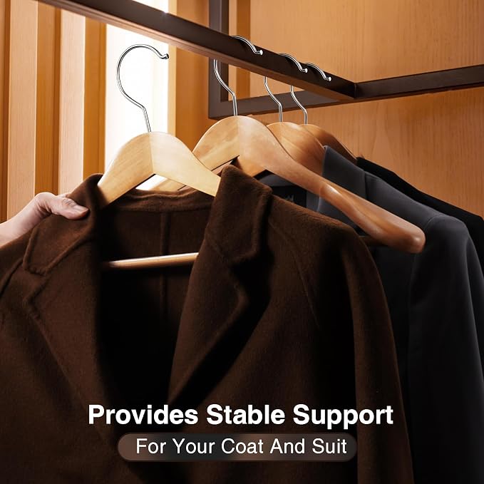 Wide Shoulder Hanger 10 Pack,Solid Wood Hanger,Heavy Duty Suit Hangers,Coat Hangers with Retotating Hooks & Non Slip Pants Bar,Smooth Clothes Hangers for Sweater, Pants, Jacket(Natural