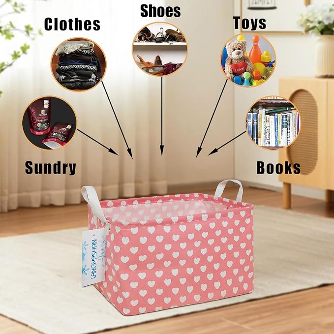 Rectangular Collapsible Storage Basket Nursery Organizer Pink Heart | Storage Bin Foldable Canvas with Handles for Organizing Home Kitchen Children Toys Office Closet Shelf Baskets
