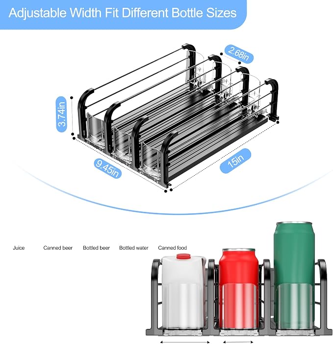 Automatic Fridge Drink Organizer, Refrigerator Soda Can Dispenser & Beverage Pusher Glide for Pantry, Cooler & Kitchen, Self-Pushing Drink Holder for Soda, Beer, Seltzer - Black, 3 Rows-15 D