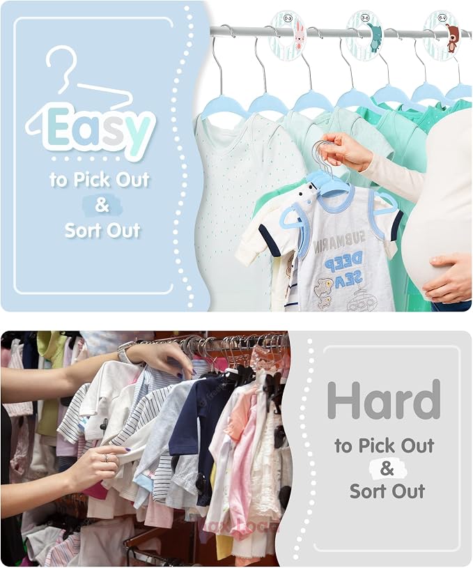 VIS'V Velvet Baby Hangers with 6 Pcs Size Dividers, 11 Inch, Blue, 30 Pcs | Compact Size, Non Slip, Infant Toddler Nursery Closet Organization