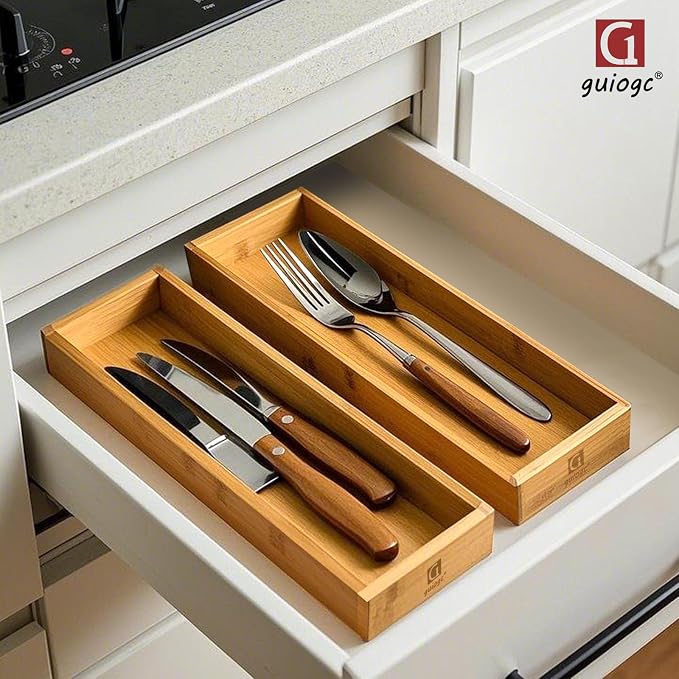 guiogc Bamboo Drawer Silverware Organizer 11.5" x 3.15" x 1.8" Set of 2 | Flatware Organizers, Multi-purpose Storage Box, For Kitchen, Offices and Dressing table, Bamboo Material