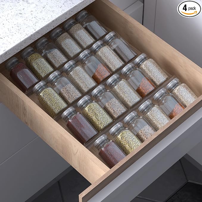 Jadehom 19 x 13 Inches Spice Drawer Organizer, 4 Tier Clear Acrylic Expandable In-Drawer Seasoning Jars Rack, Kitchen Drawer Spice Insert Tray for Cabinet/Countertop