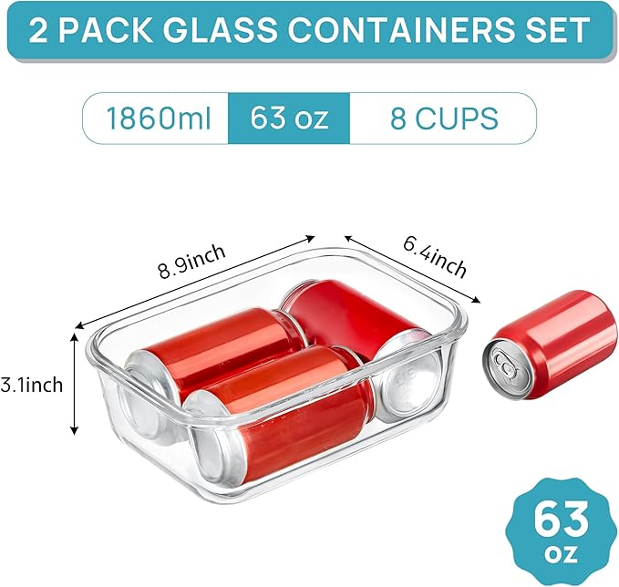 Vtopmart 2Pack 1860ml/63oz Large Glass Storage Containers With Lids, Grey | Meal Prep Food Container Set with Snap Airtight Lid, For Baking, Microwave, Oven, Leak Proof, Freezer, Dishwasher, BPA Free
