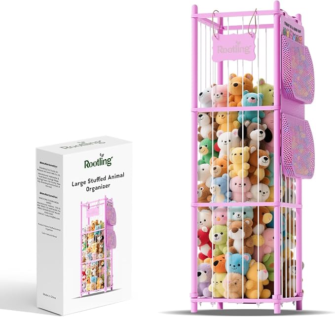 Stuffed Animal Storage & Organizer, 54 inch Tall Wooden Cute Zoo Toy Holder w/Building Block Storage Bag, Premium Wooden Material with Elastic Cord for Toddler Rooms, Playrooms (Pink, Large)