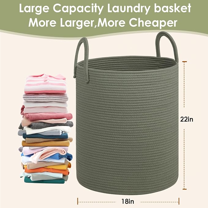 Laundry Basket,18x18X22 Cotton Rope Storage Basket with Handles,Kids Girl Baby Laundry Hamper,Dirty Clothes Hamper,Blanket Basket for Living Room,Nursery Hamper,Room Decor,Green