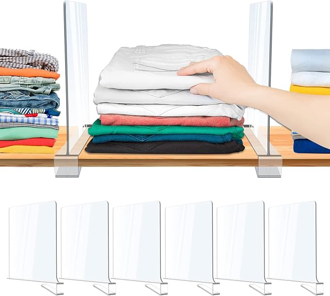 Acrylic Shelf Dividers, Clear Shelf Divider for Closet Organization, Closet Shelf Separators for Clothes/Purses, Wood Shelves Organizer in Bedroom, Kitchen, Office, Cabinets, Bathroom Storage (6PCS)