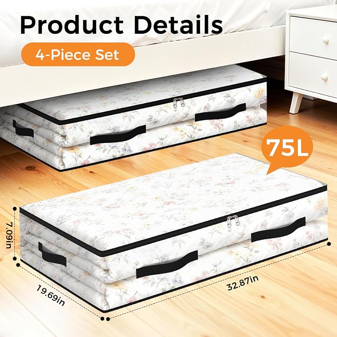 4 Pack Under Bed Storage Bags, 75L Foldable Clear Storage Containers with Handles, Dual Zippers for Comforter, Clothes, Bedding, Linen Sheets, Sweaters, Blanket Storage