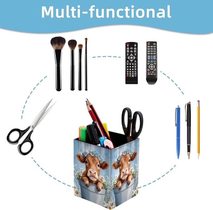 Pen Holder for Desk, Highland Cow Daisies Farmhouse Pencil Holder, Pen Cup Functional Desk Organizer for Office Supplies