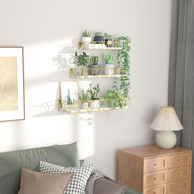 PHAREGE Moon Phase Floating Shelves White Gold Set of 3 | Small Decorative Wall Shelves for Book Plant Storage, Crystal Figurine Collectibles Display Shelf for Bedroom Kid Room