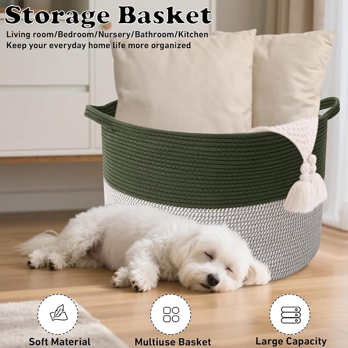 90L Extra Large Blanket Basket,Rope Woven Storage Basket with Handles, Laundry Hamper for Toys, Clothes, Pillows & Towels, Perfect for Living Room, Nursery & Bedroom,Green&White