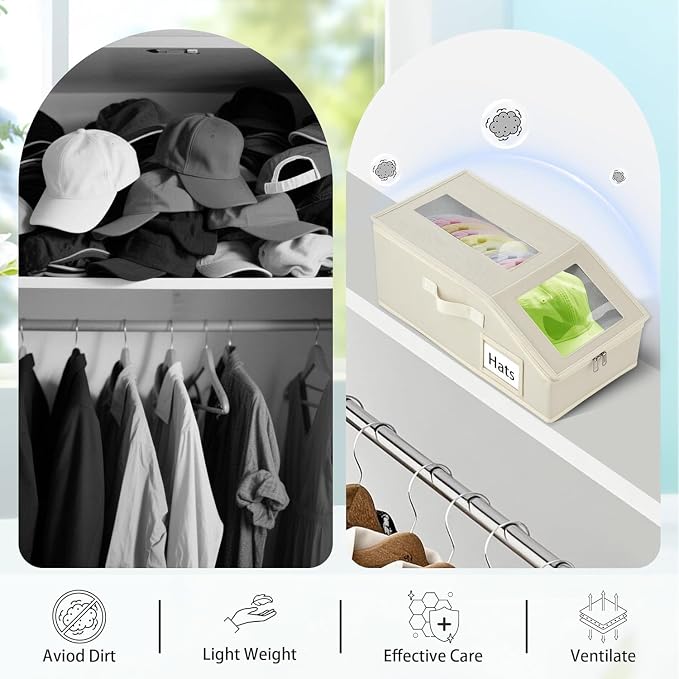 Hat Storage for Baseball Caps - 3 Pack Stackable Hat Organizer Boxes with Clear Window, Breathable Hat Storage for Closet, Space-Saving Fits 45 Caps, Flip-Top Access for Women/Men (Beige)