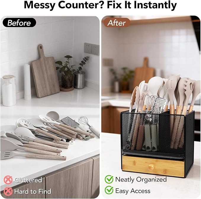 Kitchen Utensil Holder Countertop, Extra Large Utensil Organizer with Drawer, 2-Tier Utensil & Silverware Organizer for Kitchen Counter, Cooking Utensil Cutlery Caddy, Quick Dry Diatomite Base