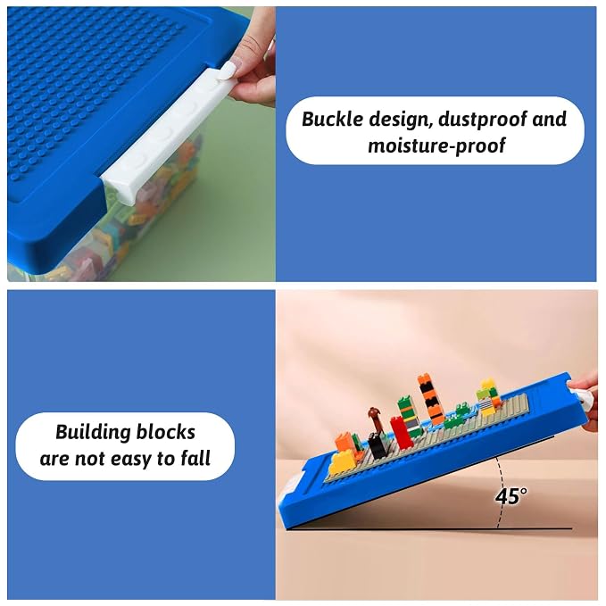 Plastic Storage Bins with Lids - 1 Set Stackable Arts Crafts Organizer Box with Removable Divided Tray &Compatible Building Baseplate,Toy Chest Containers for Bricks -Blue(14.37"x9.64"x6.69")