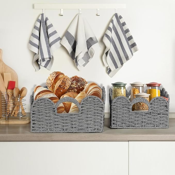 Graciadeco Scalloped Wicker Basket Natural Paper Rope Storage Baskets with Handles Handwoven Organizer Bin Wicker Storage Baskets for Home Decor, Organizing, 2 Pack (Grey)