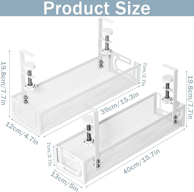 Cable Management, 2 Pack Cable Management Under Desk No Drill, Metal Cord Organizer with Clamp for Standing Desk, Cable Organizer for Home Office, White