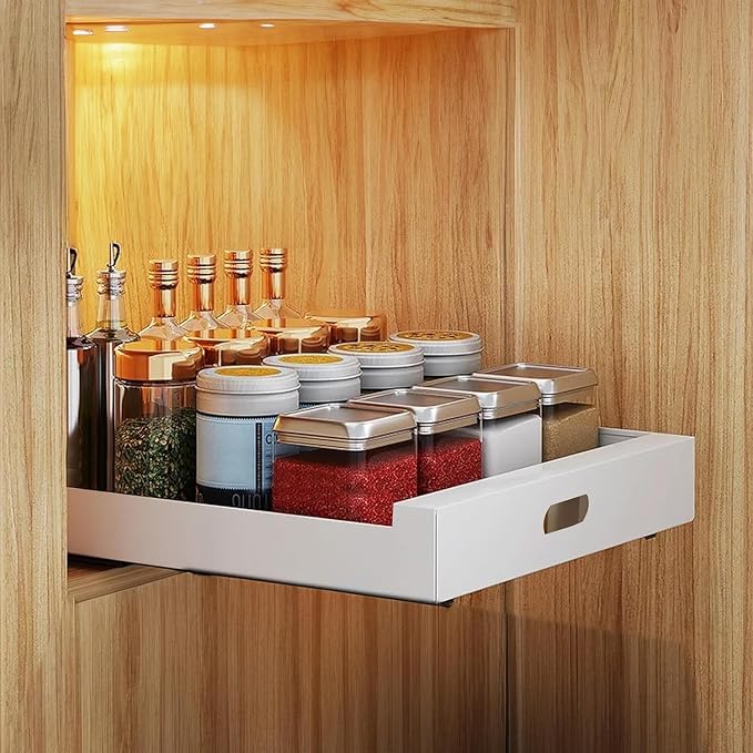 bealy 1 Pack Pull Out Cabinet Organizer Adhesive, 12'' W x 16.9" D x 3.1'' H Heavy Duty Carbon Slide Out Pantry Shelves, Sliding Drawer Pull Out Pantry Shelves for Kitchen, Living Room, Home