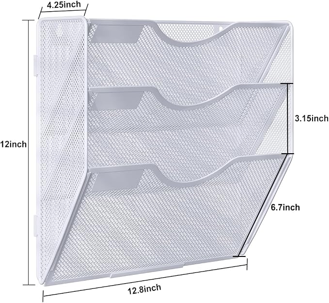 PAG Hanging Wall File Holder, 3 Tier Mail Sorter for Wall, Mesh Office Wall Organizer For Papers/Folders/Files Clipboard & Magazine, White