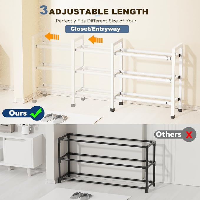 Mavivegue 3-Tier 19"-43.3" Adjustable Shoe Rack for Closet,Expandable Shoe Rack, Hall Entryway,Front Door,Garage, Sturdy Steel Space-Saving Rack, White