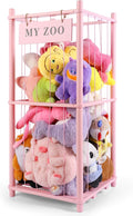 GLDZI Stuffed Animal Storage Zoo, Wooden Stuffed Animal Organizer with Elastic Cords for Boys Girls, Space Saving Toy Plushies Storage Holder for Playroom, Bedroom, Living Room (Pink, Small)