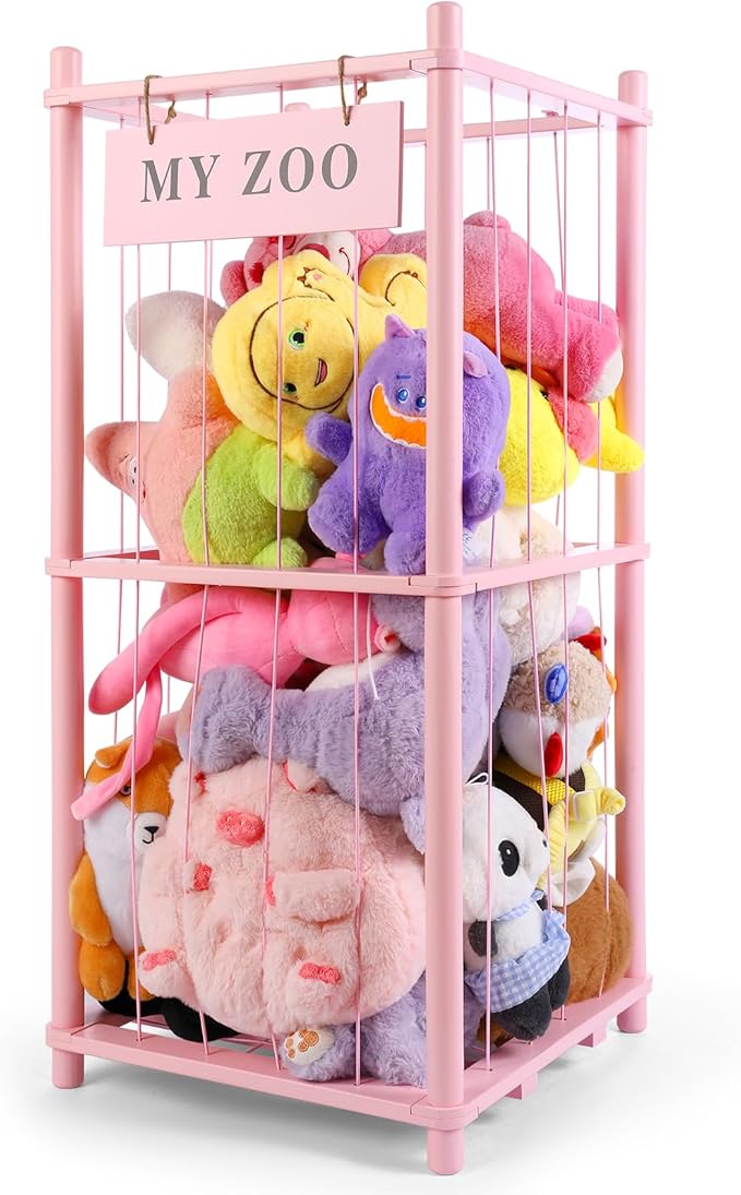 GLDZI Stuffed Animal Storage Zoo, Wooden Stuffed Animal Organizer with Elastic Cords for Boys Girls, Space Saving Toy Plushies Storage Holder for Playroom, Bedroom, Living Room (Pink, Small)
